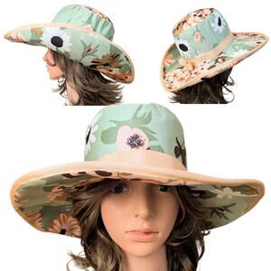 Handcrafted Hat Wide Brim Mint Peach Floral Ribbon Band Garden Cottagecore Med